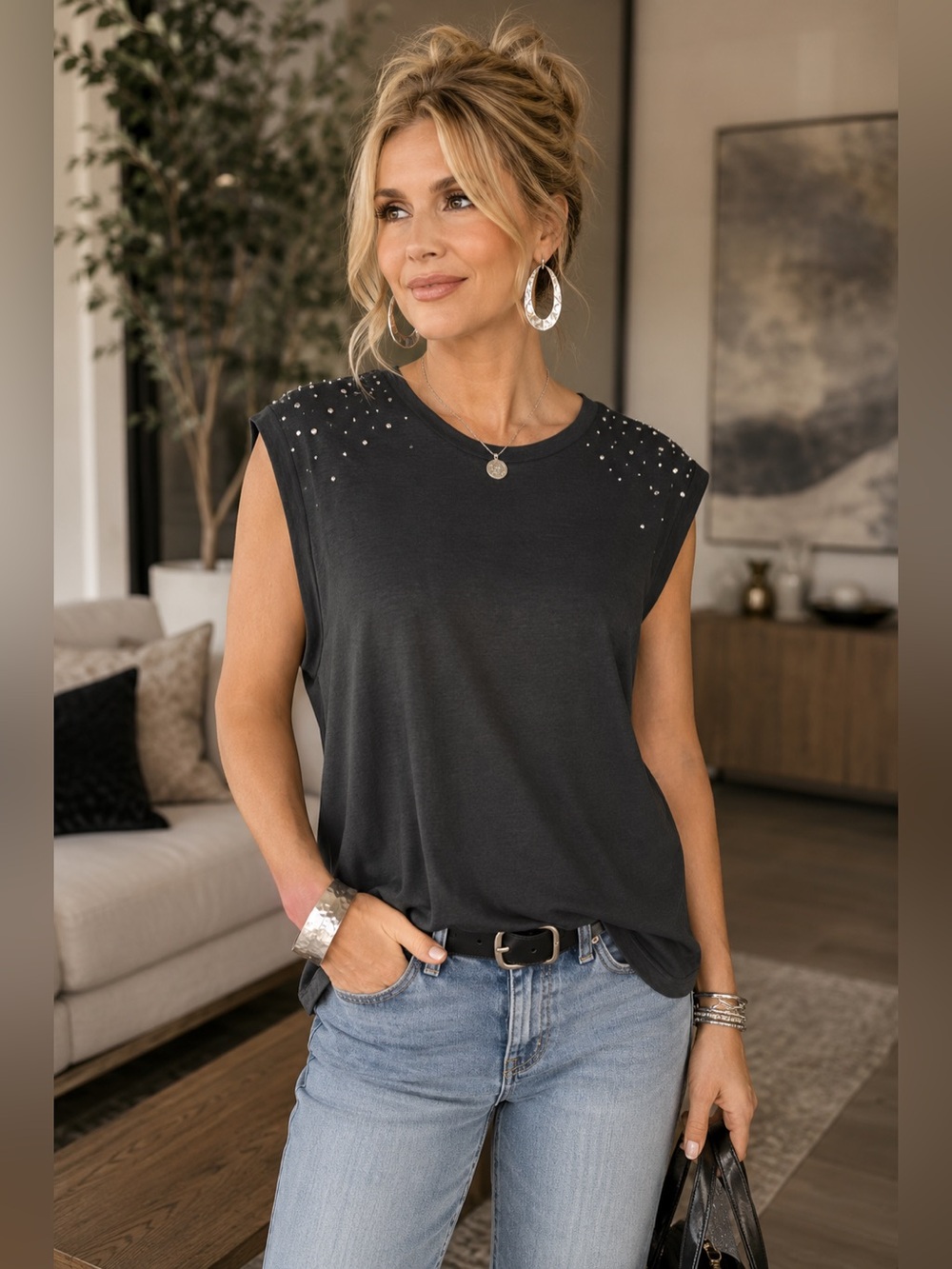 Organic Generation Studded Shoulder Muscle Tee Gray XL Organic Cotton Casual Top